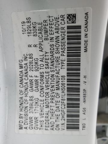 2HGFC2F81LH506108 - 2020 HONDA CIVIC SPOR 白色 照片 12