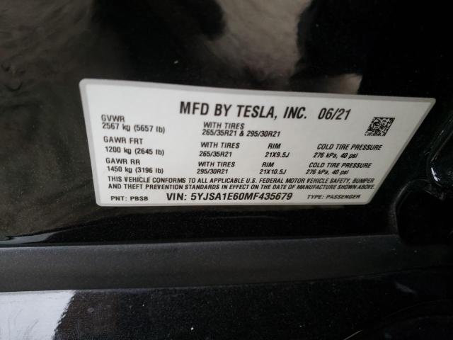 5YJSA1E60MF435679 - 2021 TESLA MODEL S Սև լուսանկար 12