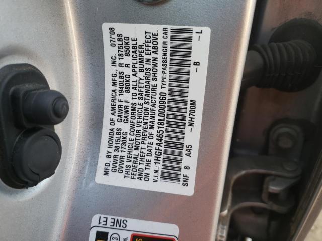 1HGFA46518L000960 - 2008 HONDA CIVIC GX SILVER photo 12