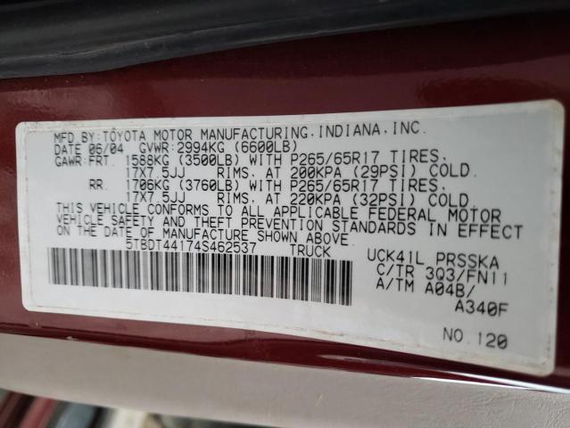 5TBDT44174S462537 - 2004 TOYOTA TUNDRA DOU BURGUNDY photo 12