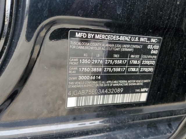 4JGAB75E03A432089 - 2003 MERCEDES-BENZ ML 500 BLACK photo 12