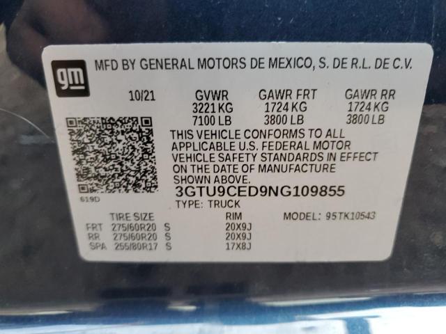 3GTU9CED9NG109855 - 2022 GMC SIERRA LIM BLUE photo 13