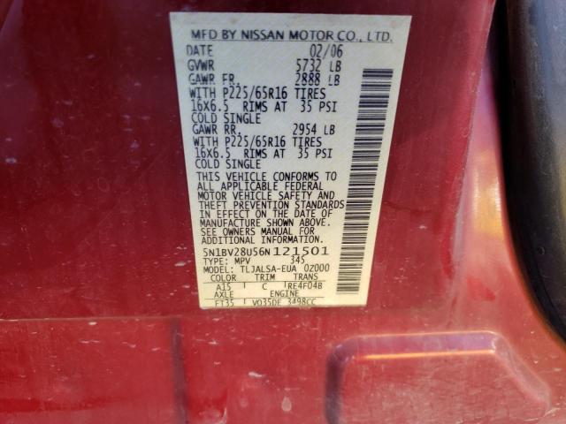 5N1BV28U56N121501 - 2006 NISSAN QUEST BURGUNDY photo 13