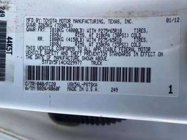 5TFDY5F14CX229977 - 2012 TOYOTA TUNDRA CRE WHITE photo 10