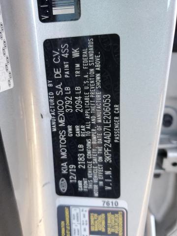 3KPF24AD7LE206053 - 2020 KIA FORTE FE SILVER photo 12