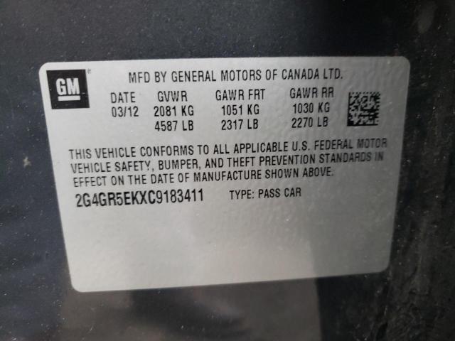2G4GR5EKXC9183411 - 2012 BUICK REGAL BLACK photo 12