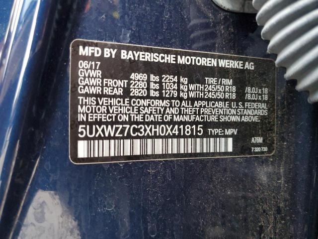 5UXWZ7C3XH0X41815 - 2017 BMW X3 SDRIVE2 BLUE photo 13