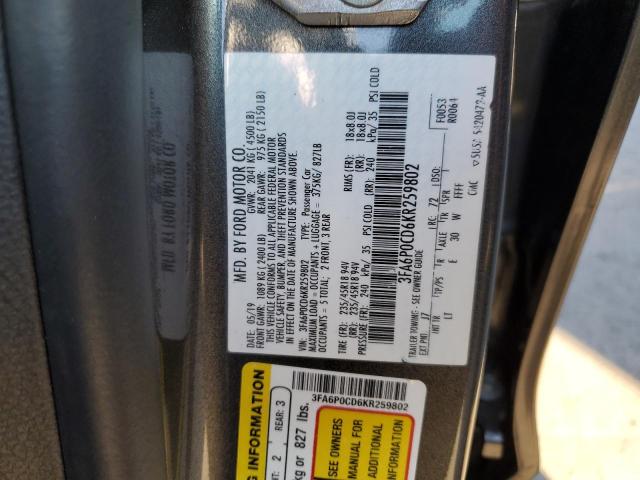 3FA6P0CD6KR259802 - 2019 FORD FUSION SEL GRAY photo 12