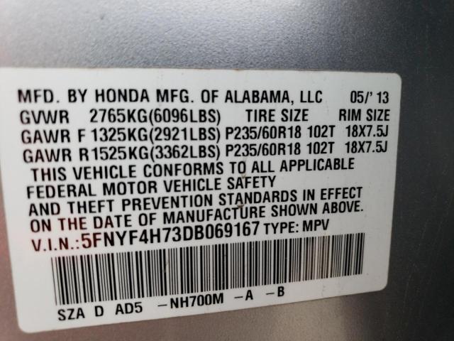 5FNYF4H73DB069167 - 2013 HONDA PILOT EXLN SILVER photo 13