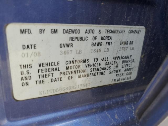 KL1TD56688B217541 - 2008 CHEVROLET AVEO BASE BLUE photo 12