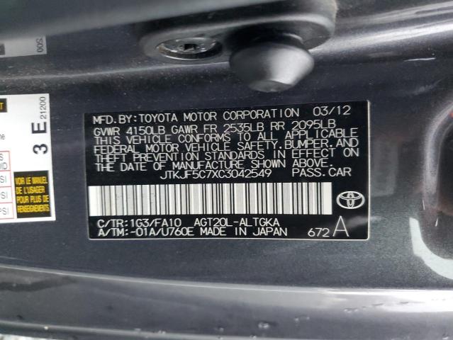 JTKJF5C7XC3042549 - 2012 TOYOTA SCION TC Gri fotoğraf 12