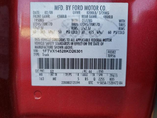 1FTVX14528KD26301 - 2008 FORD F150 RED photo 12