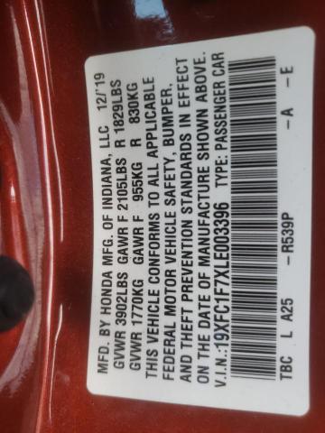 19XFC1F7XLE003396 - 2020 HONDA CIVIC EXL 红色 照片 12
