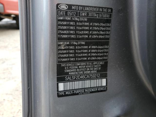 SALSF2D46CA759212 - 2012 LAND ROVER RANGE ROVE SILVER photo 12