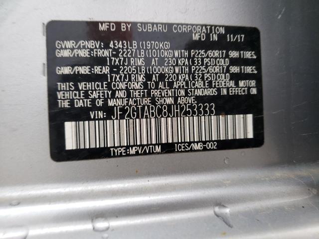 JF2GTABC8JH253333 - 2018 SUBARU CROSSTREK SILVER photo 10