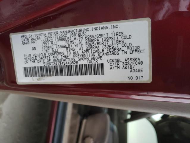 5TBRT34134S449526 - 2004 TOYOTA TUNDRA ACC BURGUNDY photo 12