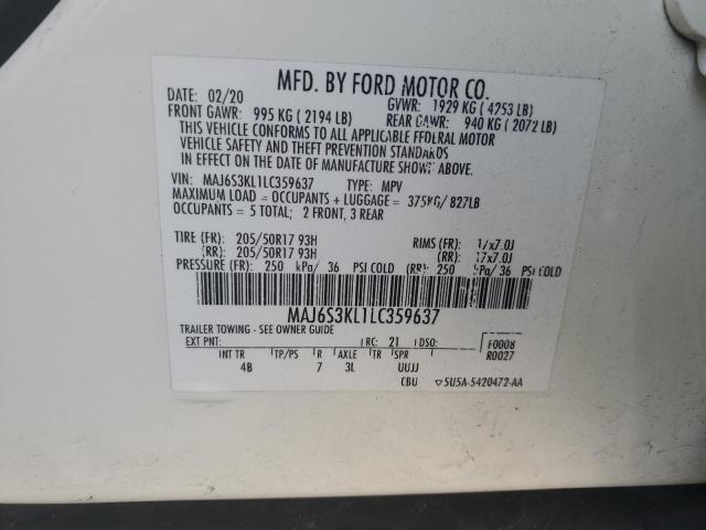 MAJ6S3KL1LC359637 - 2020 FORD ECOSPORT T WHITE photo 13