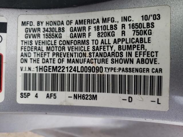 1HGEM22124L009090 - 2004 HONDA CIVIC DX VP  foto 10