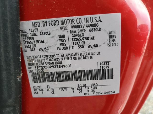 1FTSX30P93EB49601 - 2003 FORD F350 SRW S RED photo 13