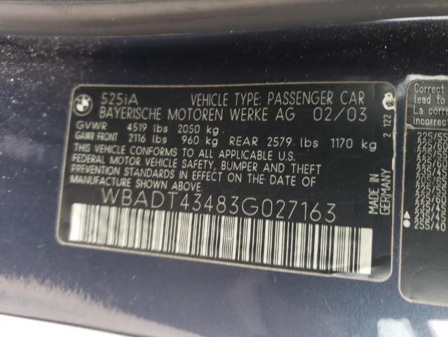 WBADT43483G027163 - 2003 BMW 525 I AUTO BLUE photo 12