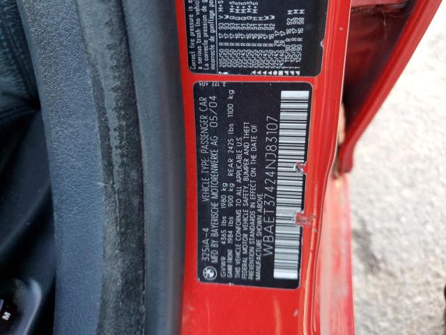 WBAET37424NJ83107 - 2004 BMW 3 SERIES RED photo 12