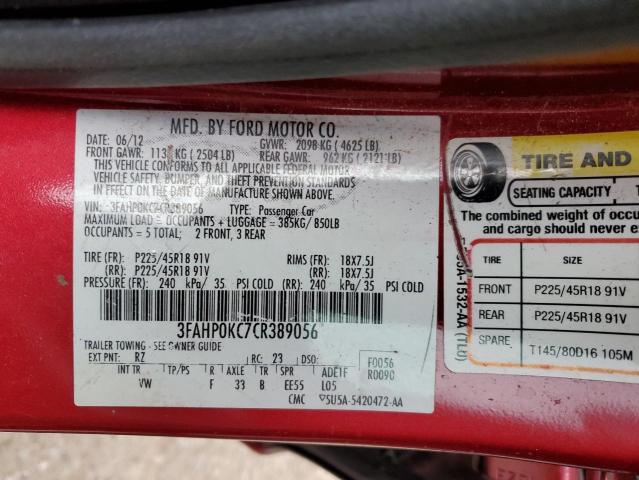 3FAHP0KC7CR389056 - 2012 FORD FUSION SPO RED photo 12