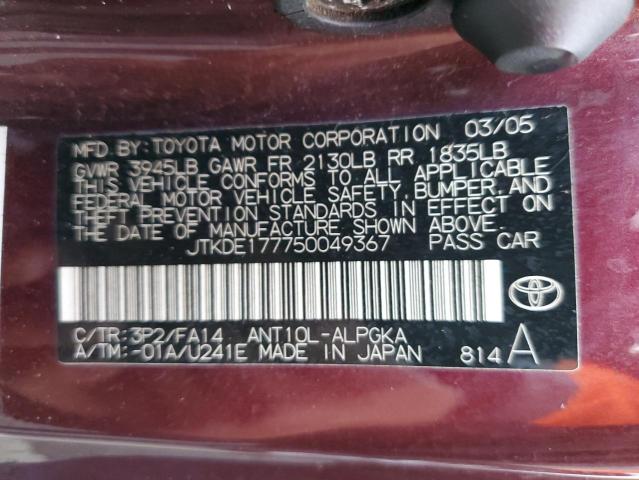 JTKDE177750049367 - 2005 TOYOTA SCION TC MAROON photo 12