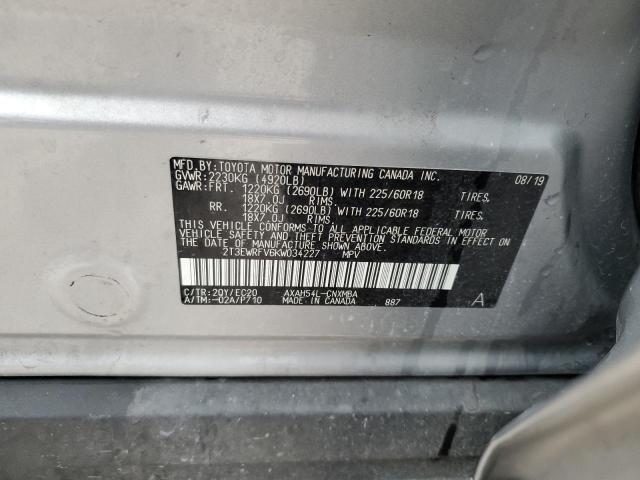 2T3EWRFV6KW034227 - 2019 TOYOTA RAV4 XSE SILVER photo 13