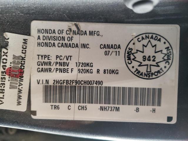 2HGFB2F90CH007490 - 2012 HONDA CIVIC EXL Boz foto 12