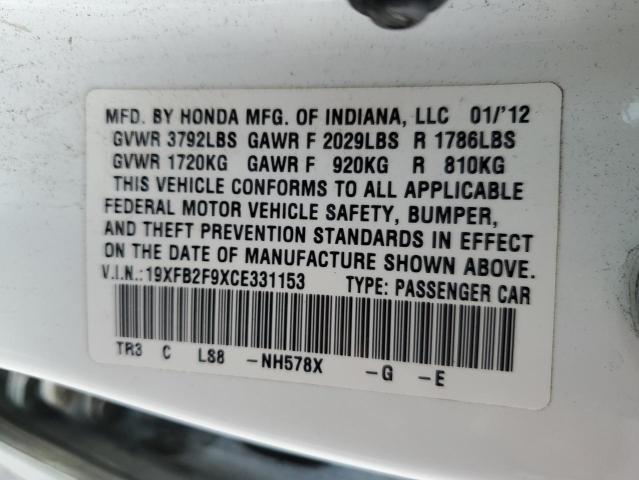 19XFB2F9XCE331153 - 2012 HONDA CIVIC EXL Ağ foto 12