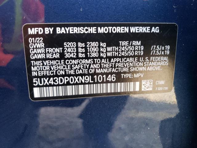 5UX43DP0XN9L10146 - 2022 BMW X3 SDRIVE3 BLUE photo 13