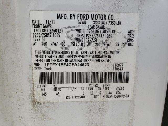 1FTFX1EF4CFA24523 - 2012 FORD F150 SUPER WHITE photo 12