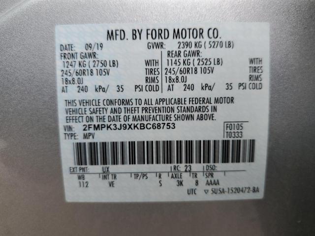 2FMPK3J9XKBC68753 - 2019 FORD EDGE SEL SILVER photo 13