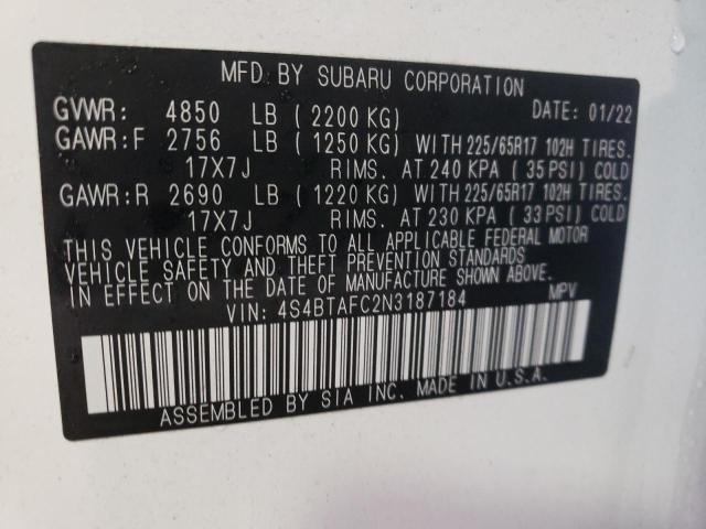 4S4BTAFC2N3187184 - 2022 SUBARU OUTBACK PR WHITE photo 13