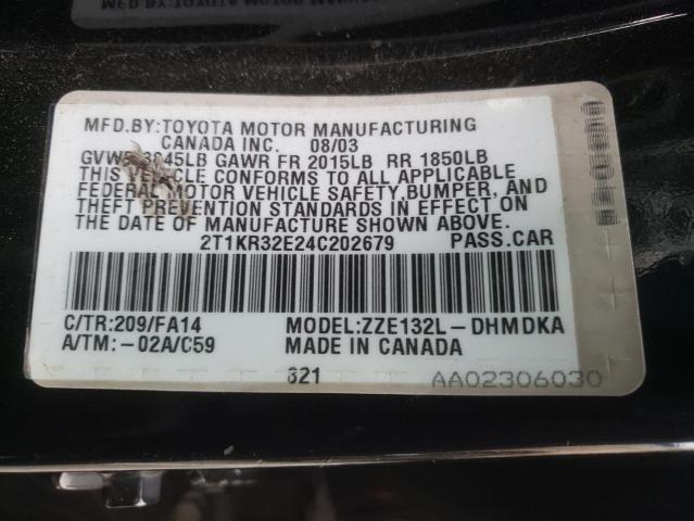 2T1KR32E24C202679 - 2004 TOYOTA COROLLA MA BLACK photo 12