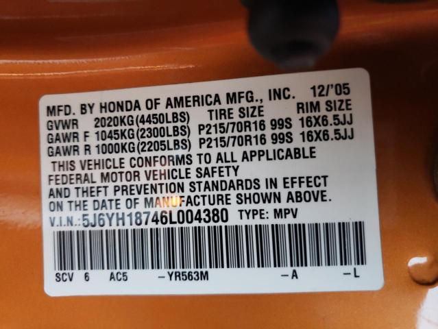 5J6YH18746L004380 - 2006 HONDA ELEMENT ORANGE photo 13