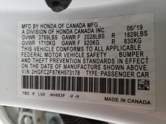 2HGFC2F87KH573178 - 2019 HONDA CIVIC SPOR 白色 照片 10