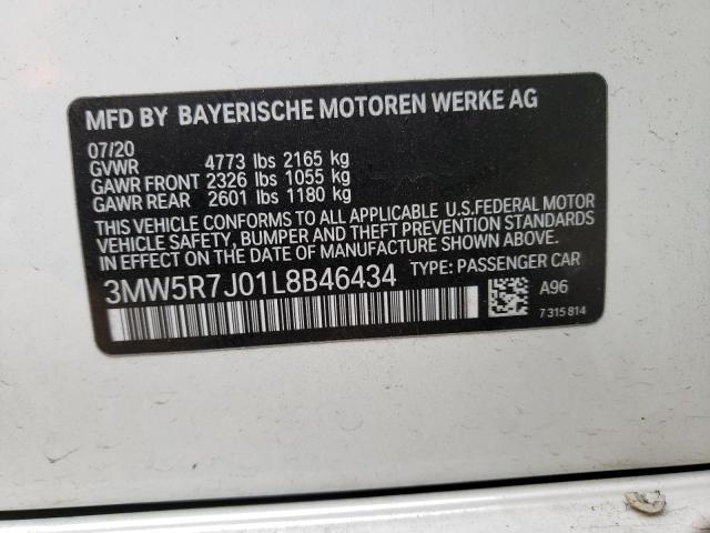 3MW5R7J01L8B46434 - 2020 BMW 330XI WHITE photo 10