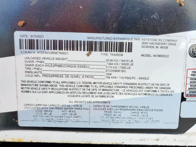 4YDFAVV26NE760021 - 2022 KEYSTONE AVALANCHE 白色 照片 10