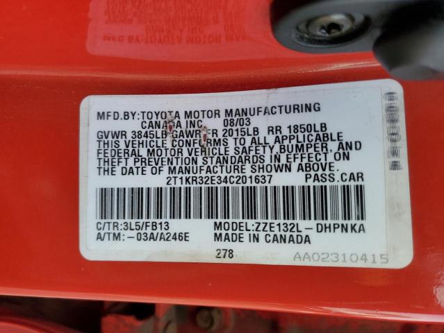 2T1KR32E34C201637 - 2004 TOYOTA MATRIX 红色 照片 12