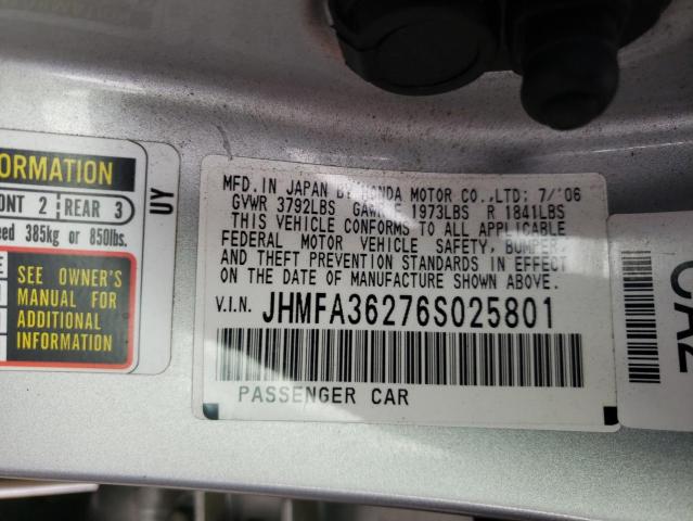 JHMFA36276S025801 - 2006 HONDA CIVIC HYBR SILVER photo 12