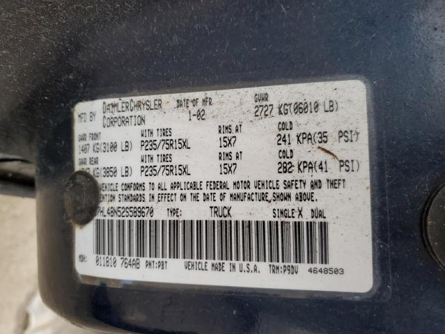 1B7HL48N52S589670 - 2002 DODGE DAKOTA QUA BLUE photo 12