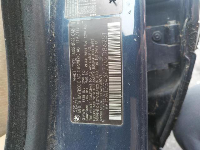 WBADS43472GD86251 - 2002 BMW 5 SERIES BLUE photo 12