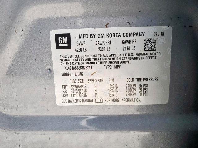 KL4CJASB8KB732117 - 2019 BUICK ENCORE PRE Сұр фото 10