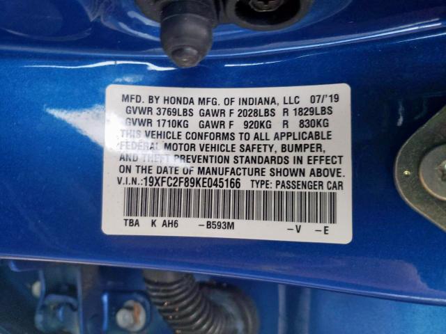 19XFC2F89KE045166 - 2019 HONDA CIVIC SPOR BLUE photo 10
