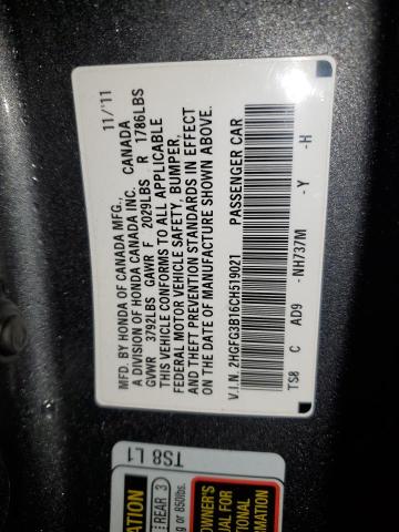 2HGFG3B16CH519021 - 2012 HONDA CIVIC EXL 灰色 照片 12