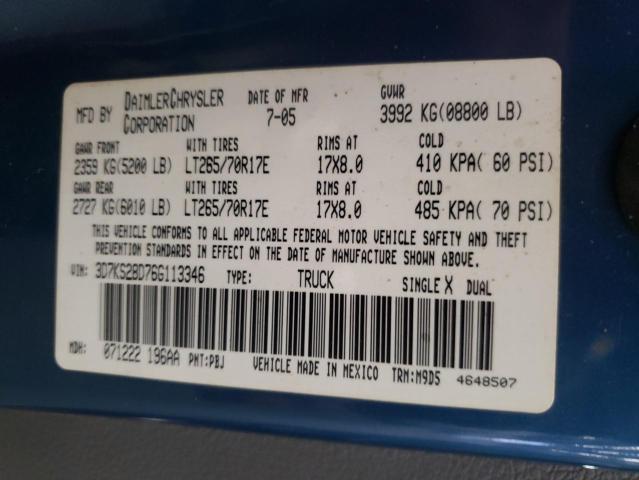 3D7KS28D76G113346 - 2006 DODGE RAM 2500 S BLUE photo 12