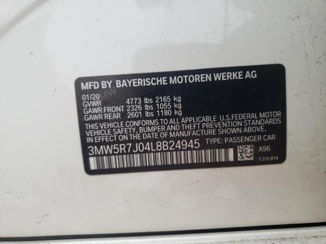 3MW5R7J04L8B24945 - 2020 BMW 330XI WHITE photo 12