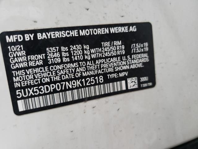 5UX53DP07N9K12518 - 2022 BMW X3 XDRIVE3 WHITE photo 12