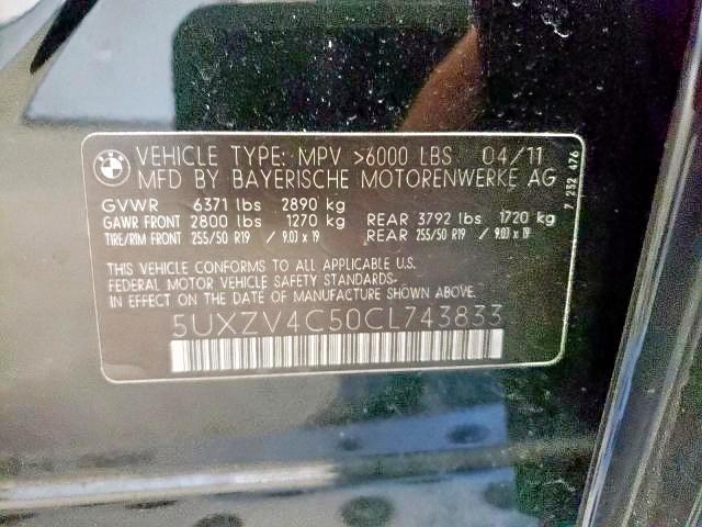 5UXZV4C50CL743833 - 2012 BMW X5 XDRIVE3 BLACK photo 10
